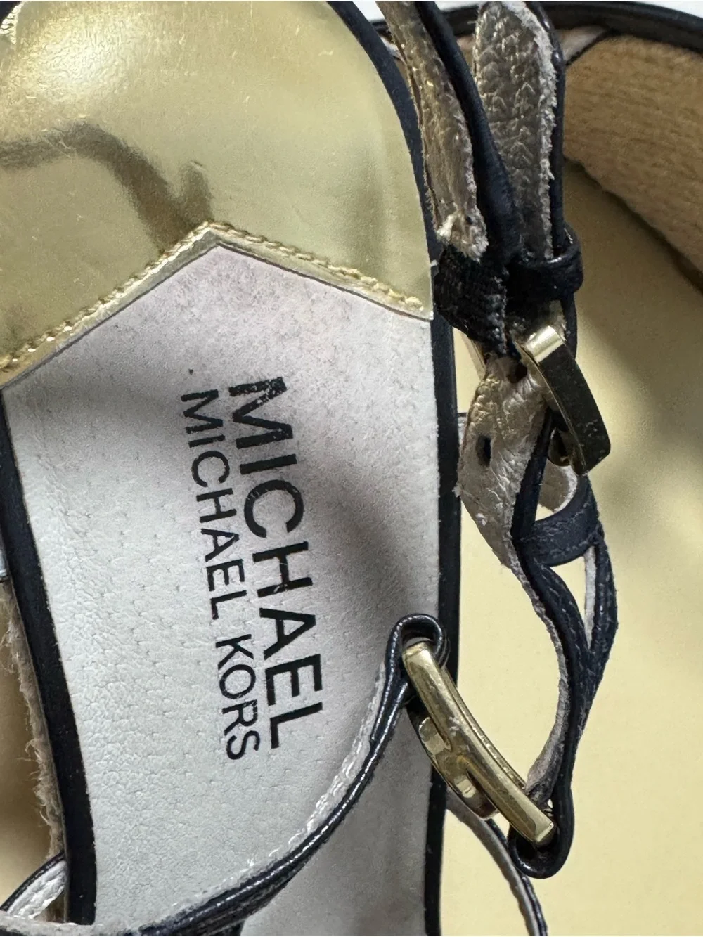 Michael Kors Black Leather Strappy Espadrille Wedges with Gold Accents